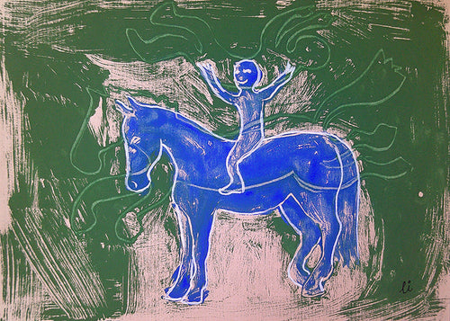 Kunstwerk blauw paard met ruiter