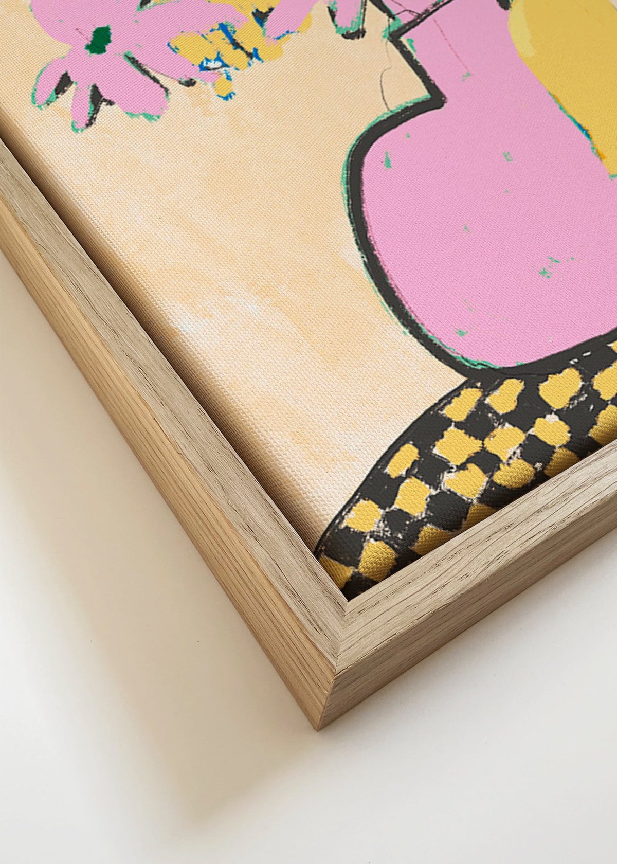 Botanische poster met roze vaas en bloemen – Canvas detail
