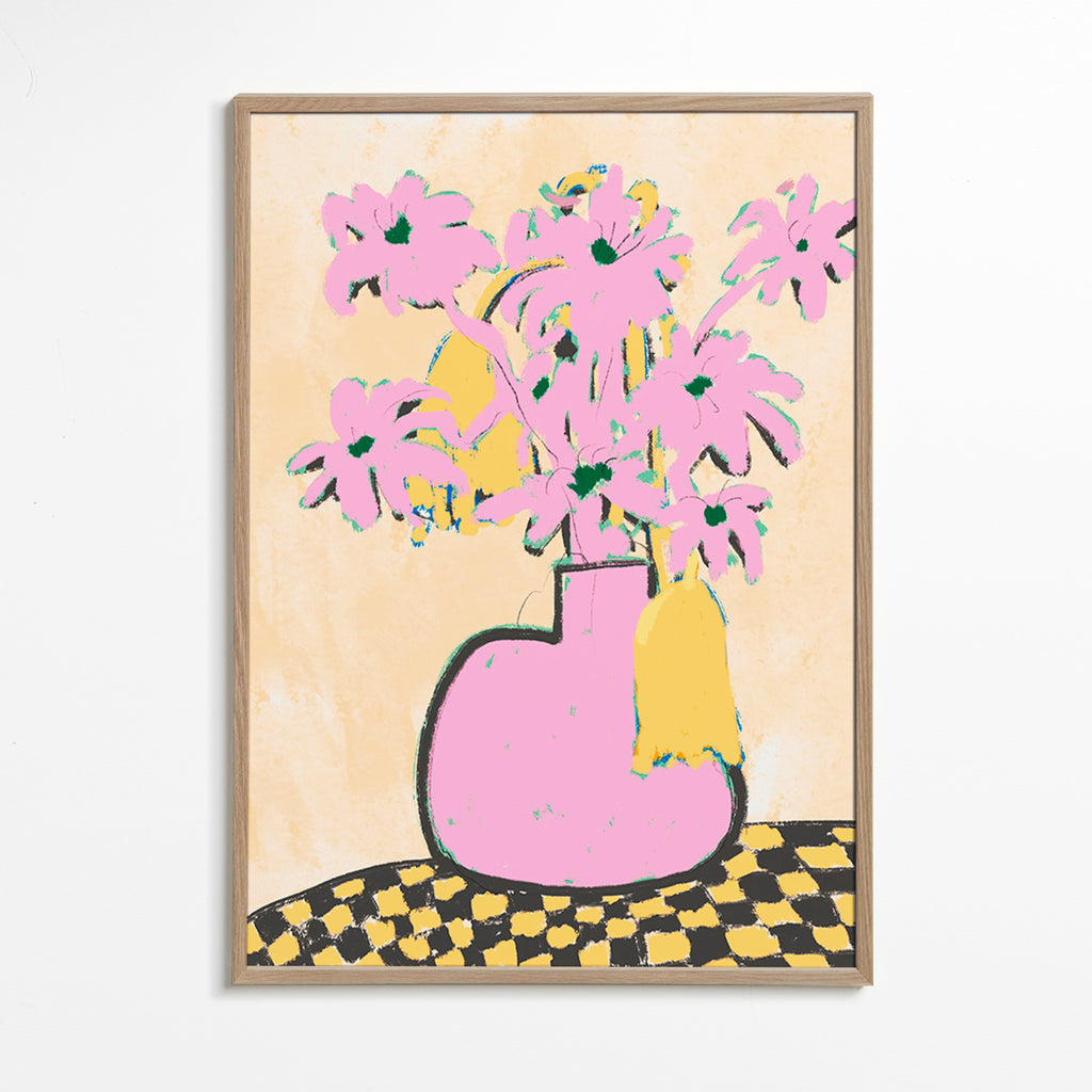Lámina botánica con jarrón rosa y flores – Oak Frame