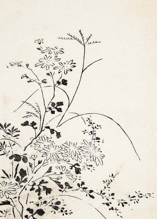 Botanische inktprint in Japanse minimalistische stijl