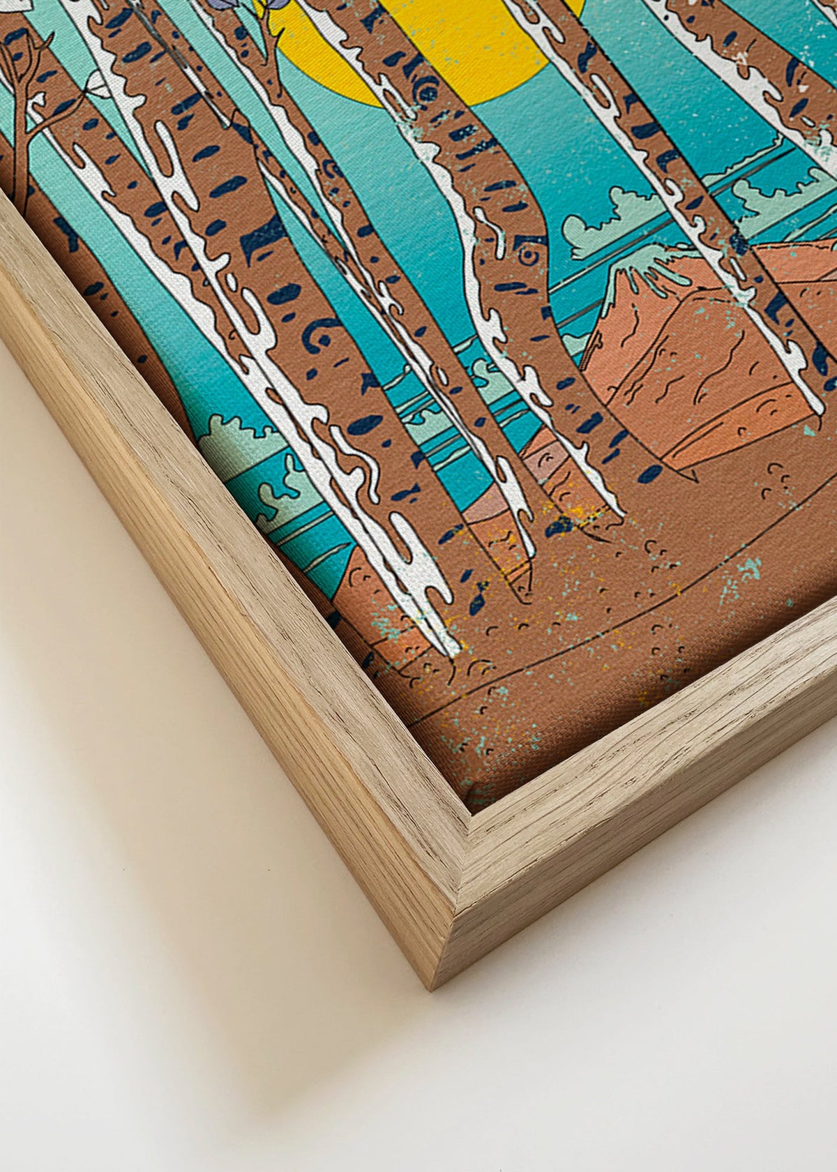 Landschapskunst met Japanse berken en gele zon – Canvas detail