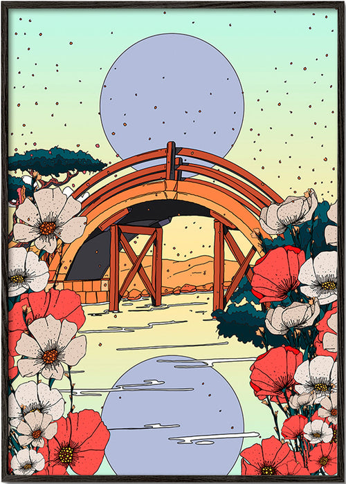 Japanse landschapstekening met boogbrug en bloemen – Black Frame