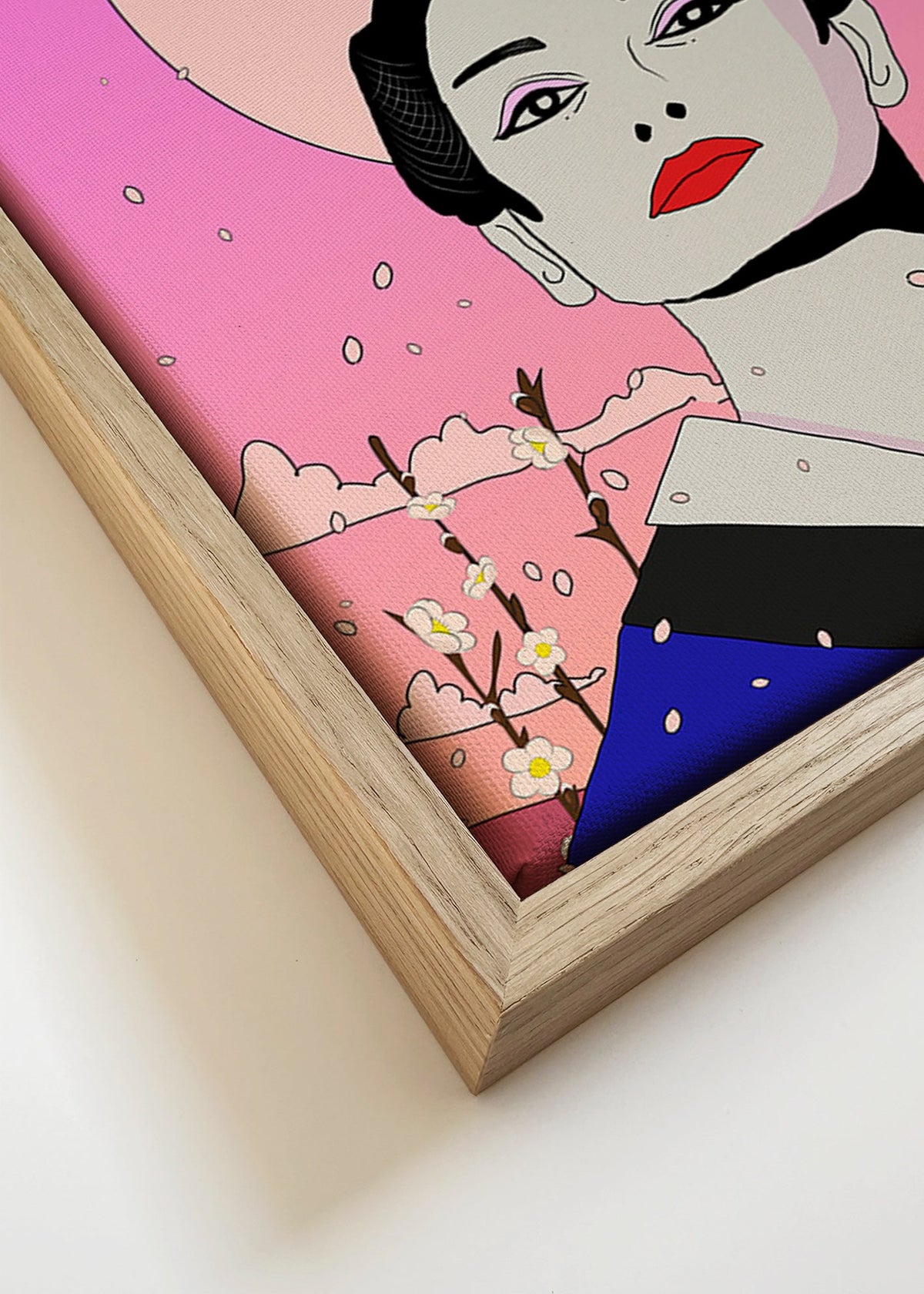 Geisha-illustratie met roze maan – Canvas detail