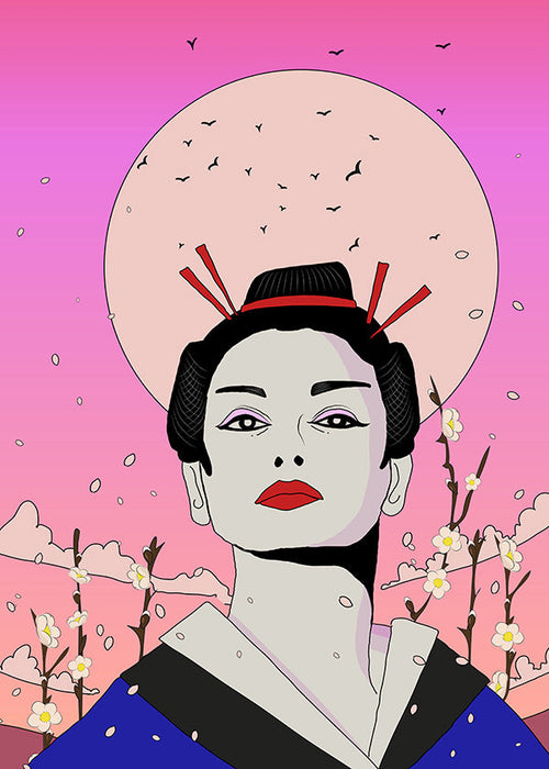 Geisha-illustratie met roze maan