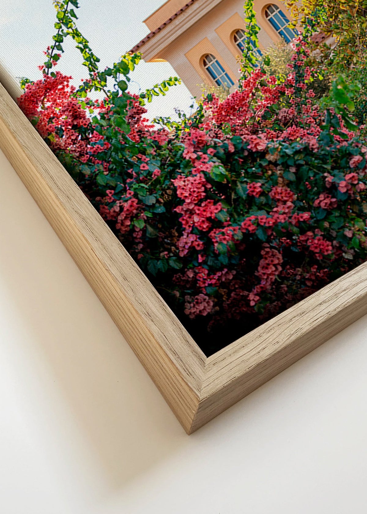 Botanische print met Amalfi-gevel en bougainvillea – Canvas detail