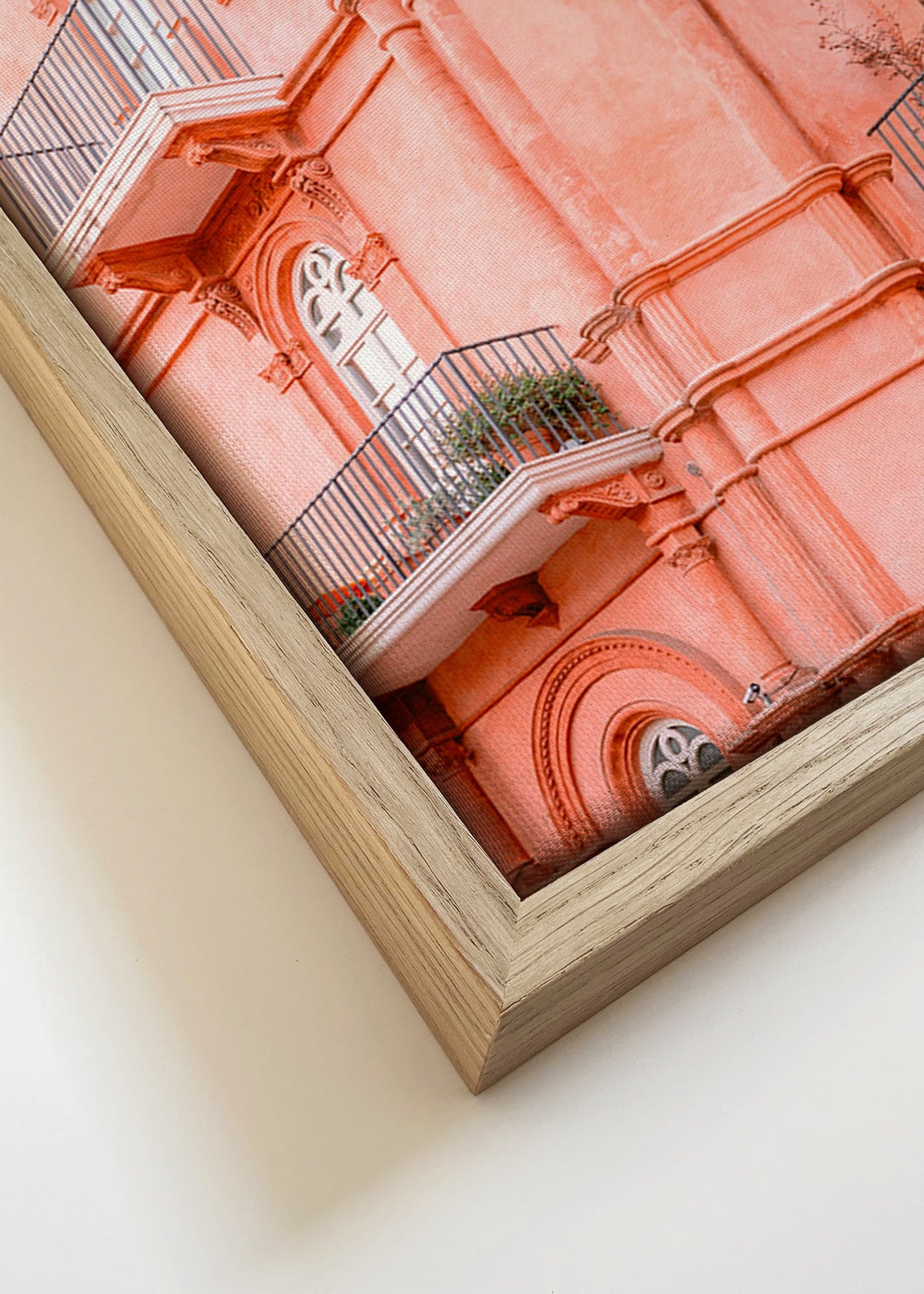 Stadsprint: roze gevel met balkons – Canvas detail