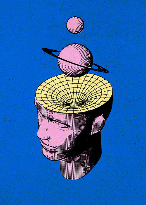 Surrealistische illustratie van hoofd met planeten