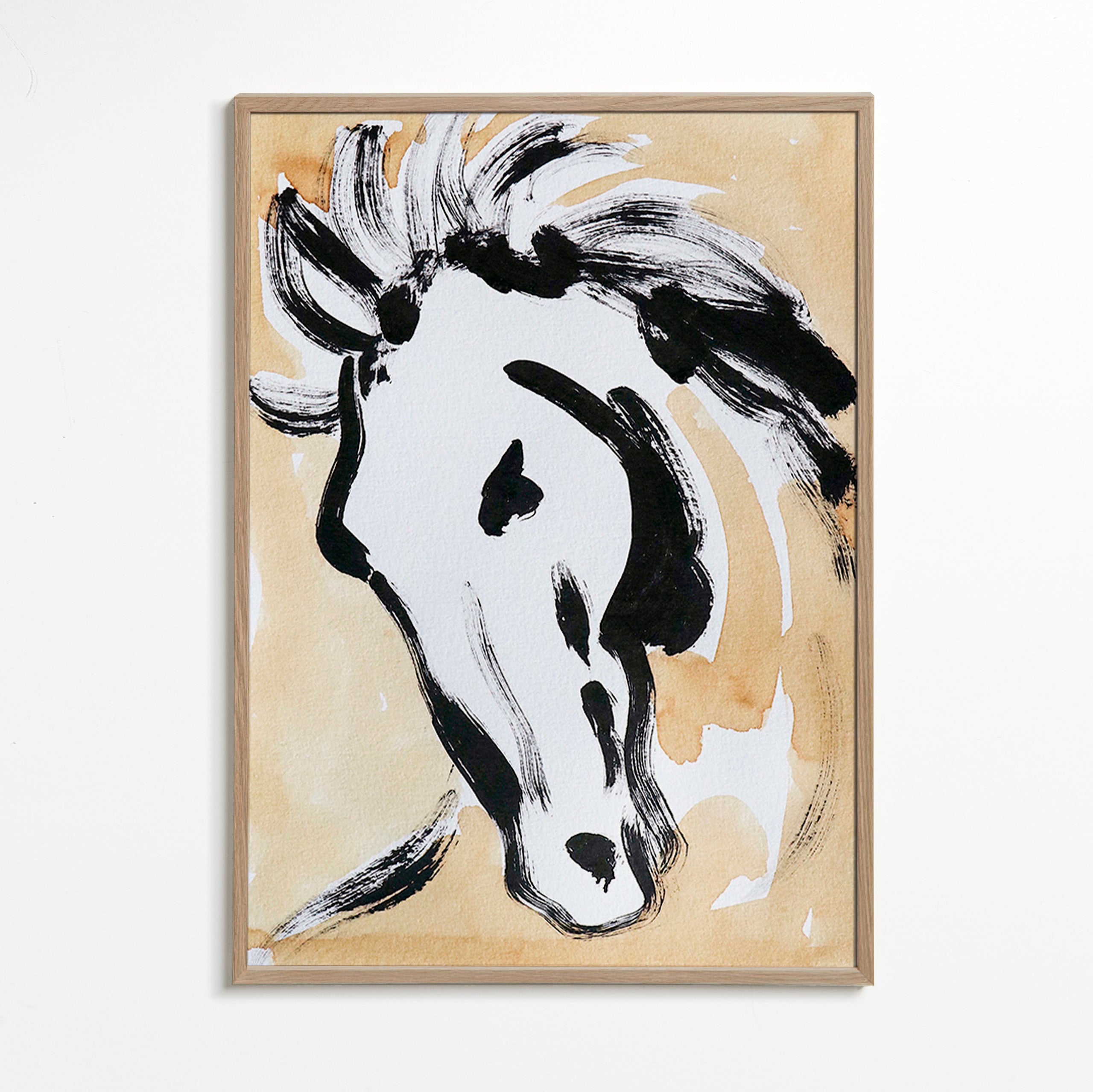 Paard in inkt, gestuele kunst – Oak Frame
