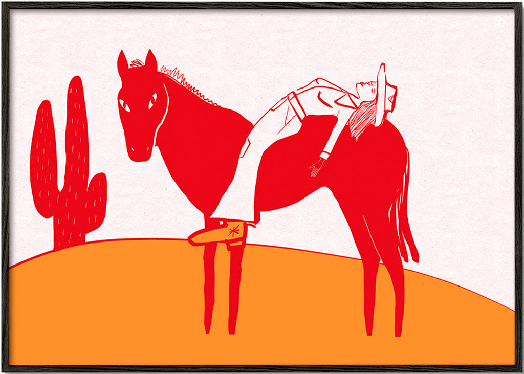 Artwork cowgirl rustend op rood paard – Black Frame