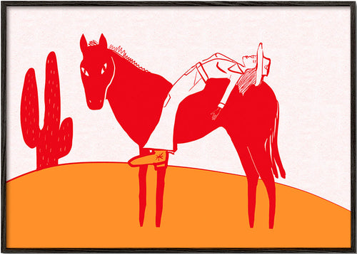 Artwork cowgirl rustend op rood paard – Black Frame
