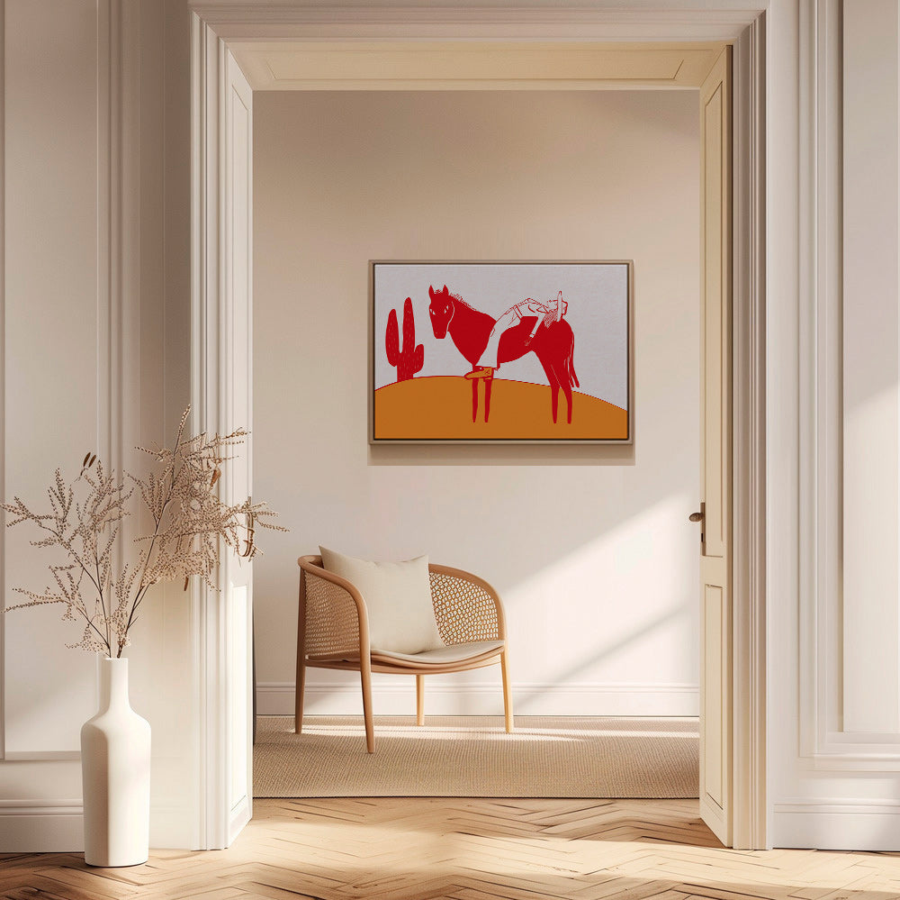 Artwork cowgirl rustend op rood paard – Canvas2