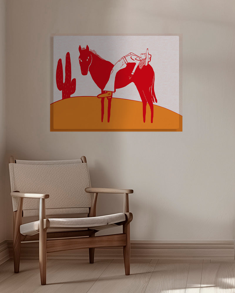 Artwork cowgirl rustend op rood paard – Canvas