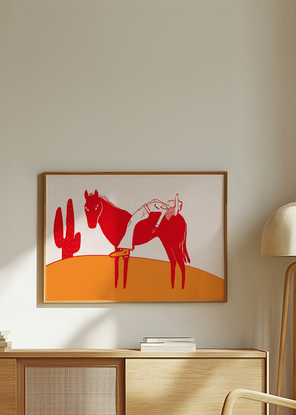 Artwork cowgirl rustend op rood paard – Product2
