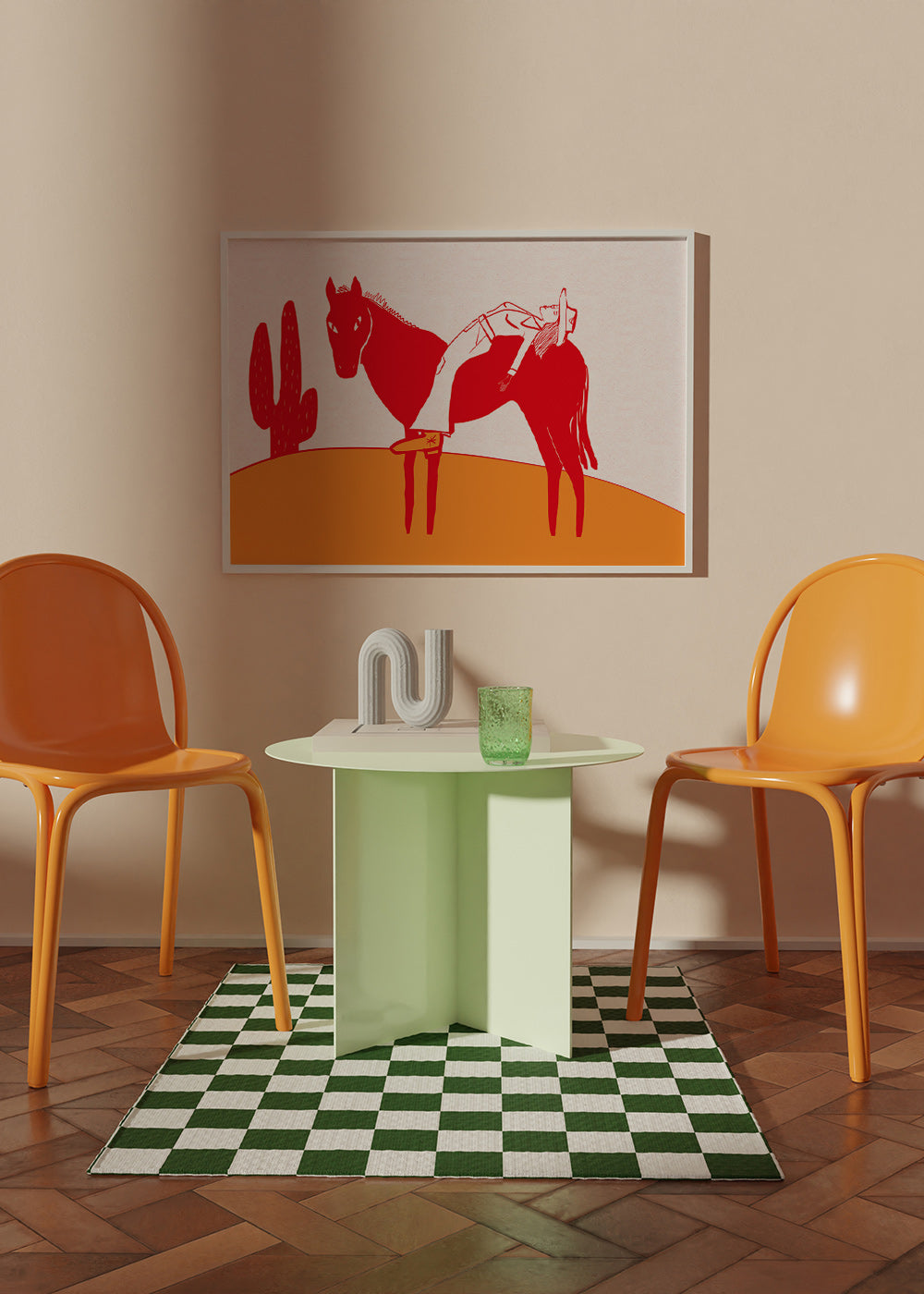Artwork cowgirl rustend op rood paard – Product3