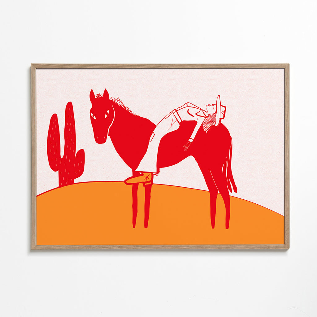 Artwork cowgirl rustend op rood paard – Oak Frame