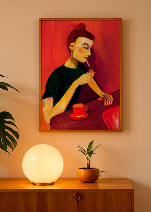 Illustratie van vrouw die rookt met rode kop – Product1