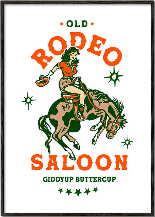 Vintage rodeo poster met geïllustreerde cowgirl – Black Frame