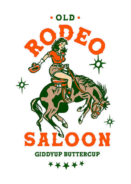 Vintage rodeo poster met geïllustreerde cowgirl