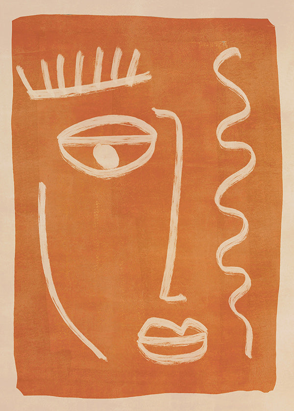 Cuadro abstracto rostro lineal naranja