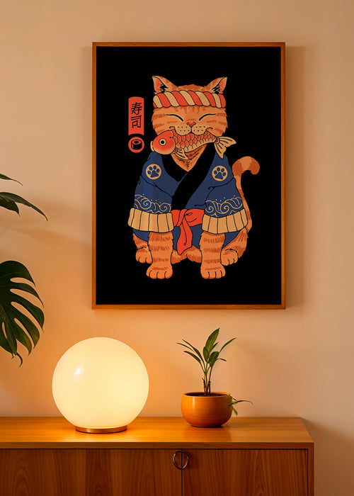 Artwork: Japanse kattenillustratie met vis – Product1