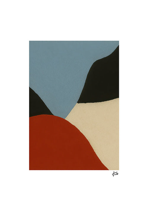Abstract kunstwerk met organische terracotta en blauwe vormen