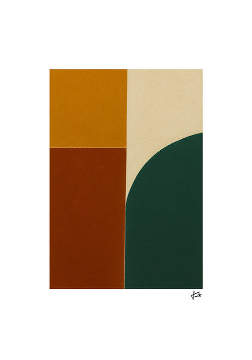 Geometrische poster met groene boog en okerkolommen