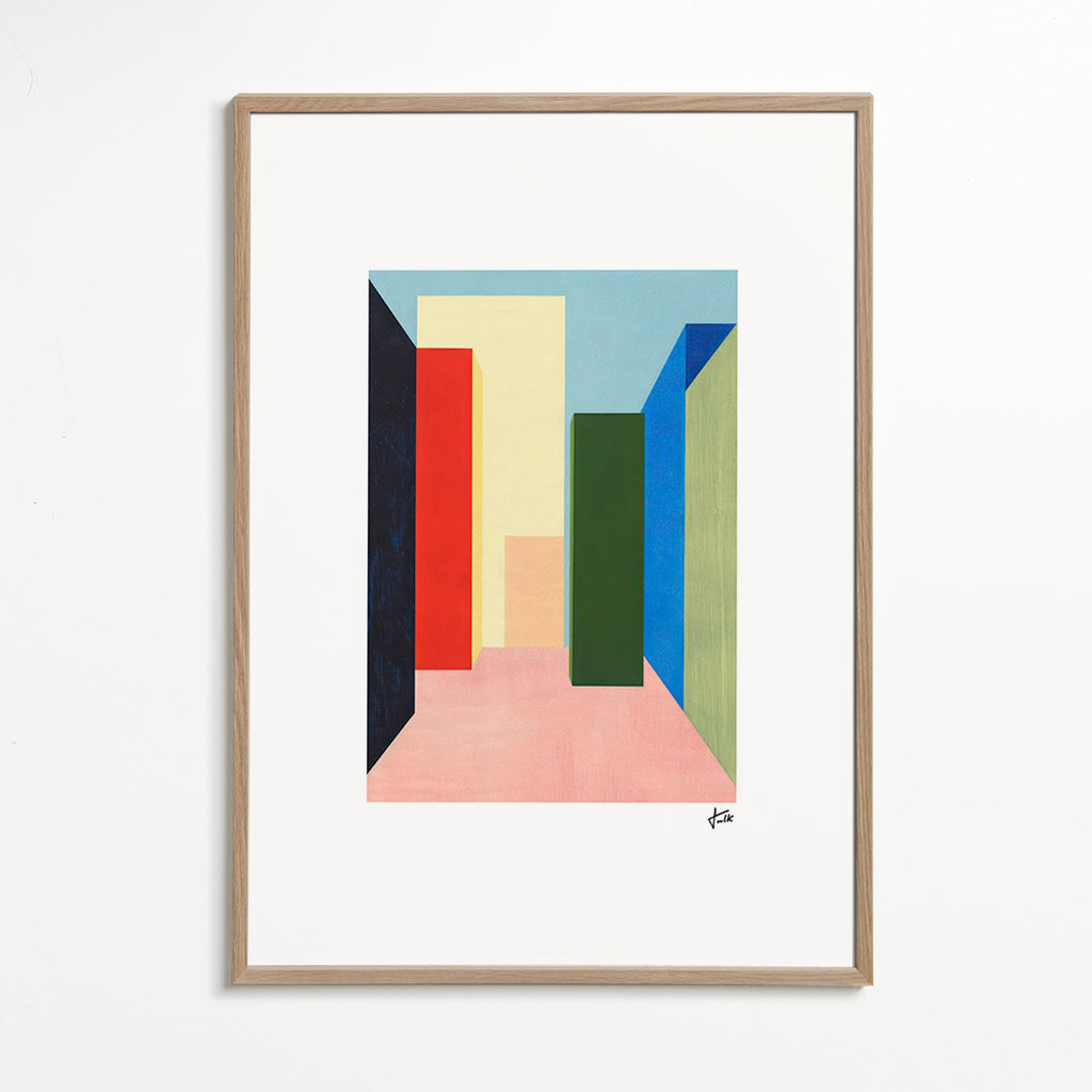 Geometrische poster kleurblok gang – Oak Frame