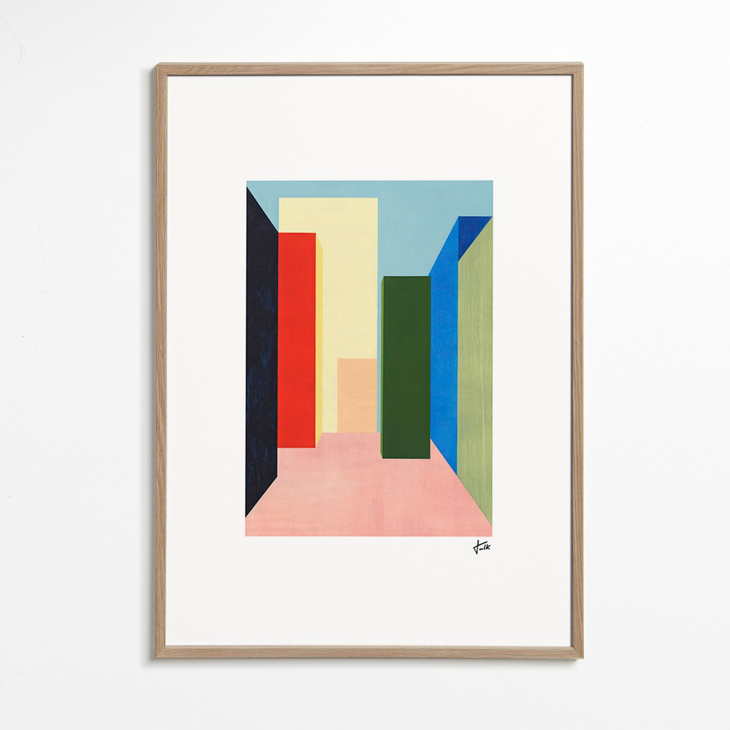 Geometrische poster kleurblok gang – Oak Frame