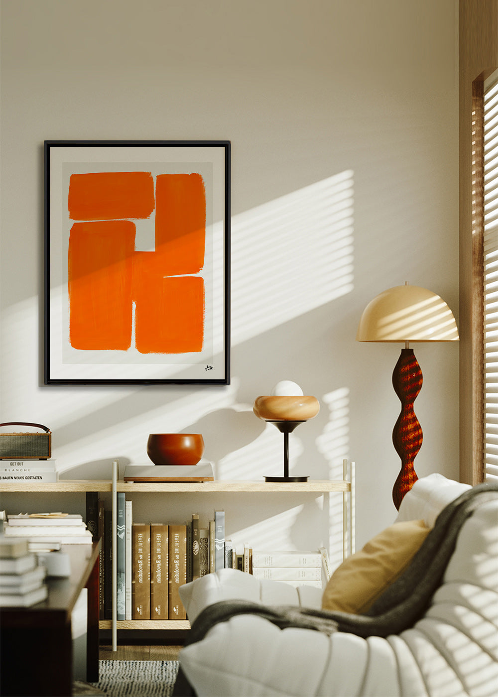 Cuadro geométrico con bloques naranjas – Canvas2