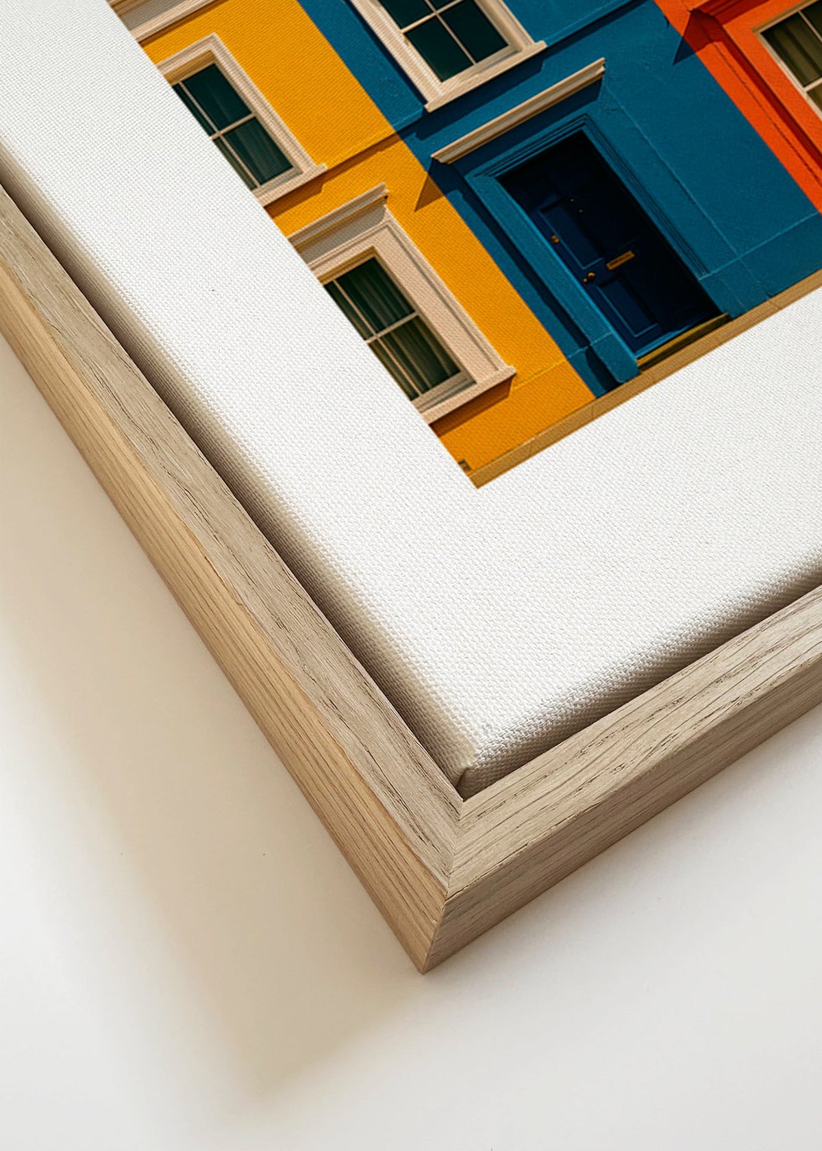 Stadsafbeelding met gevel in drie kleuren – Canvas detail