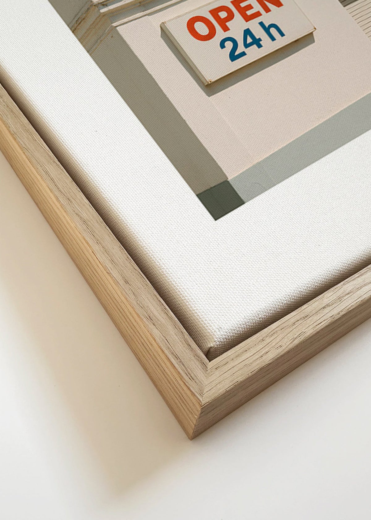 Minimalistisch poster gevel met OPEN 24h bord – Canvas detail