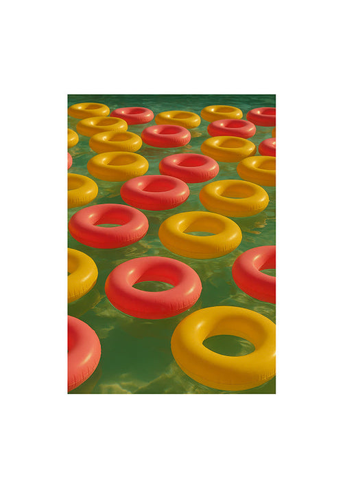Geometrische poster met drijvende rode en gele ringen
