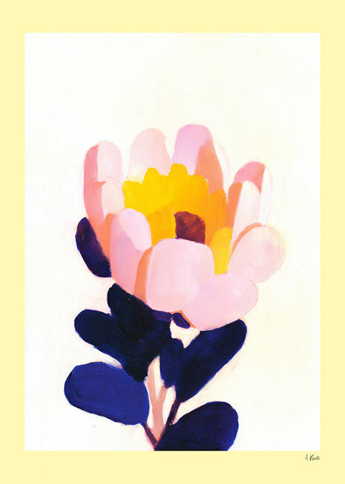 Botanische print: roze bloem met diepblauwe bladeren