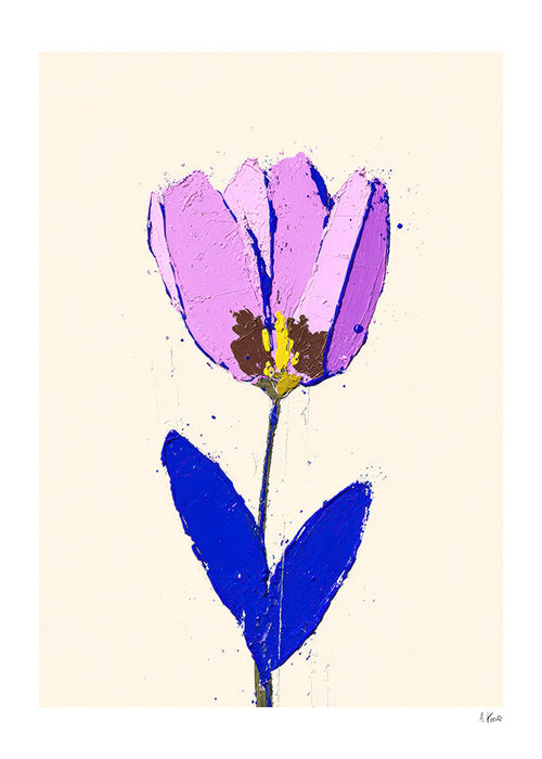 Botanische print met violet bloem en blauw blad
