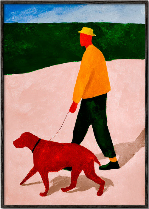 Kunstwerk rode hond wandeling – Black Frame