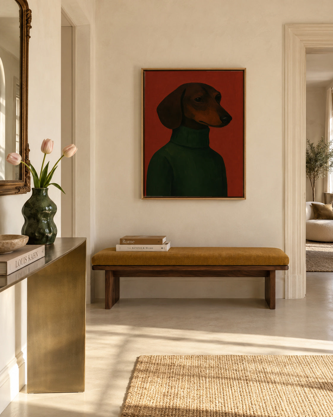 Dark Emerald Portrait - Framed canvas in an interior