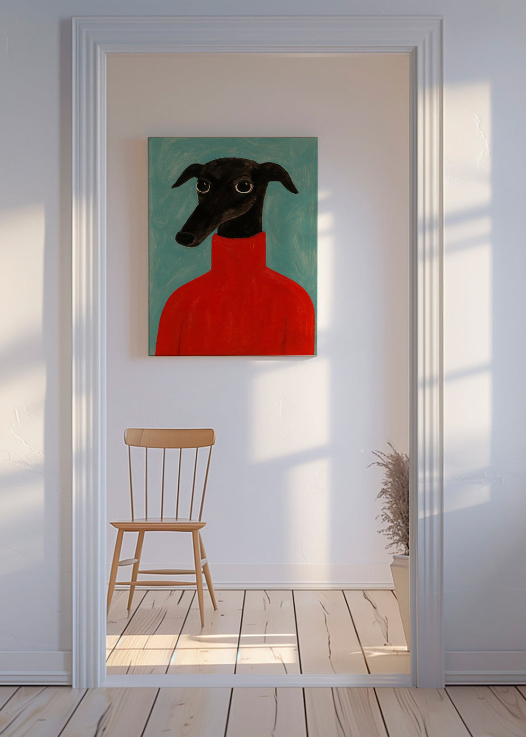 Windhondportret met rood truitje – Canvas