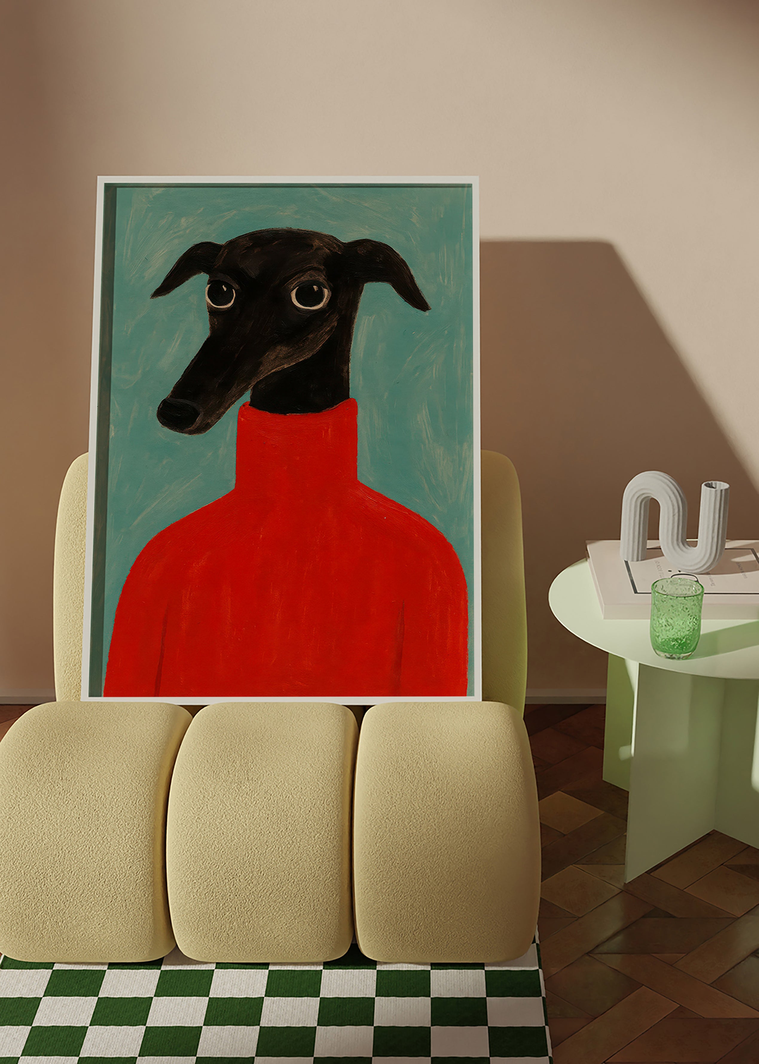 Windhondportret met rood truitje – Product1