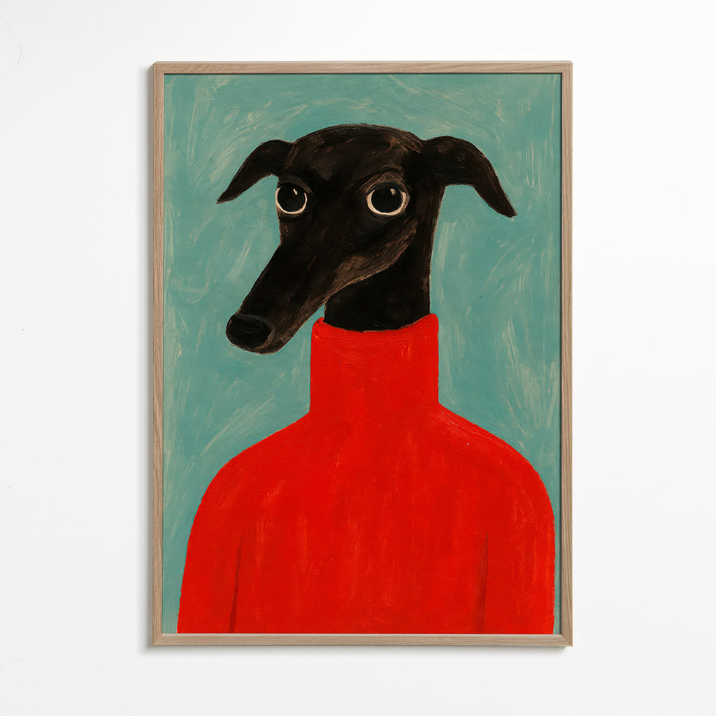 Windhondportret met rood truitje – Oak Frame