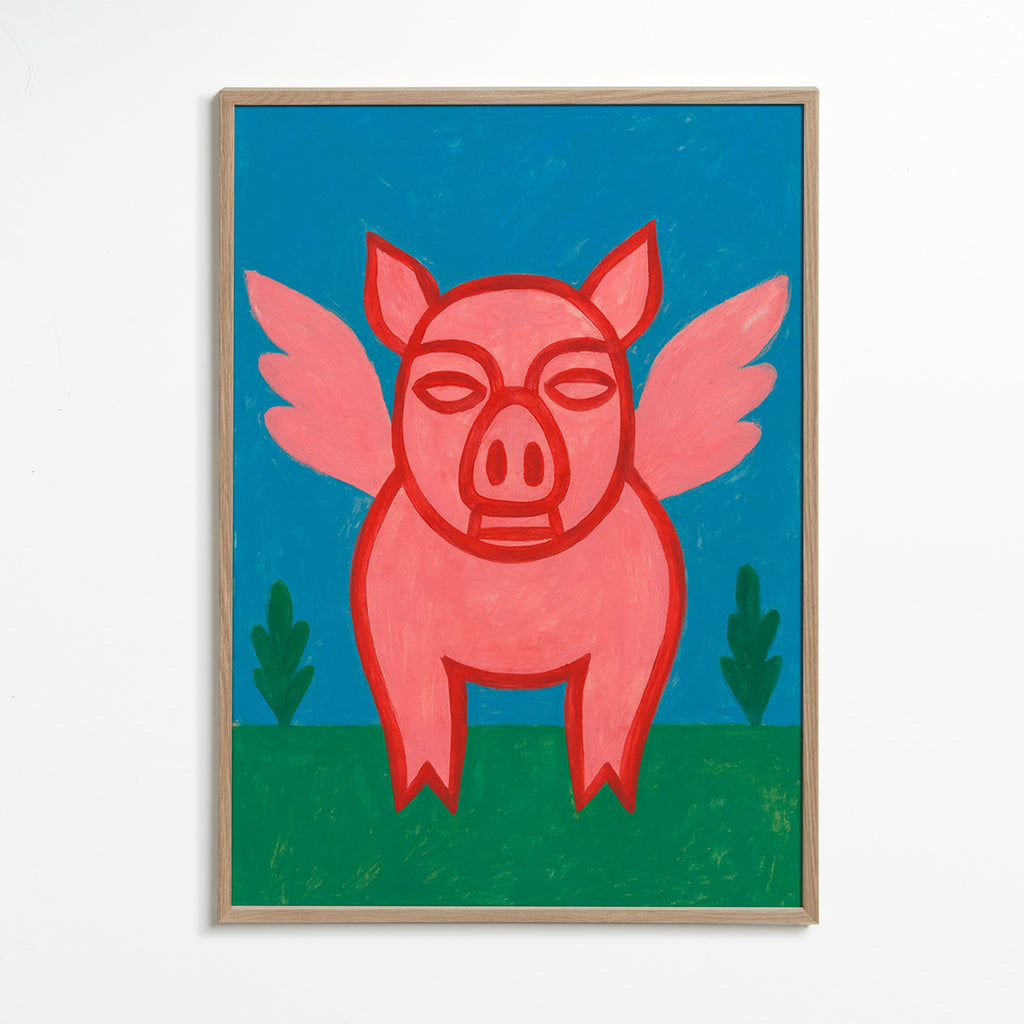 Artwork vliegend varkentje speelse illustratie – Oak Frame