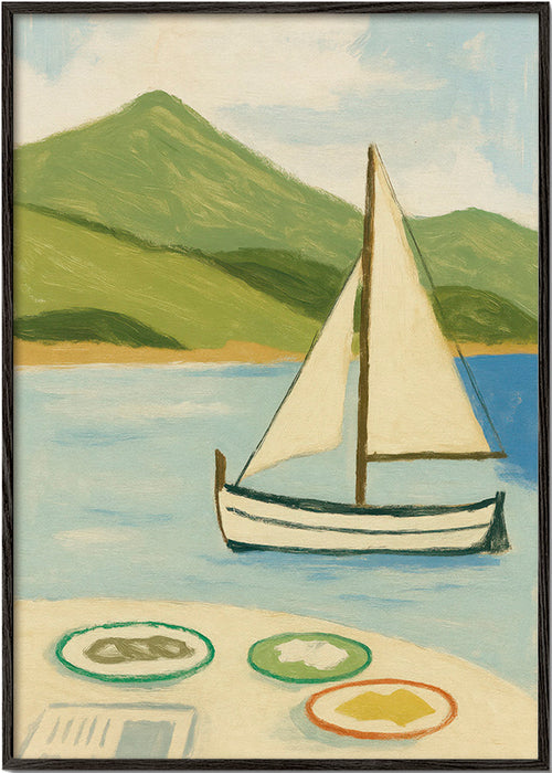 Landschapsschilderij met zeilboot op het meer – Black Frame