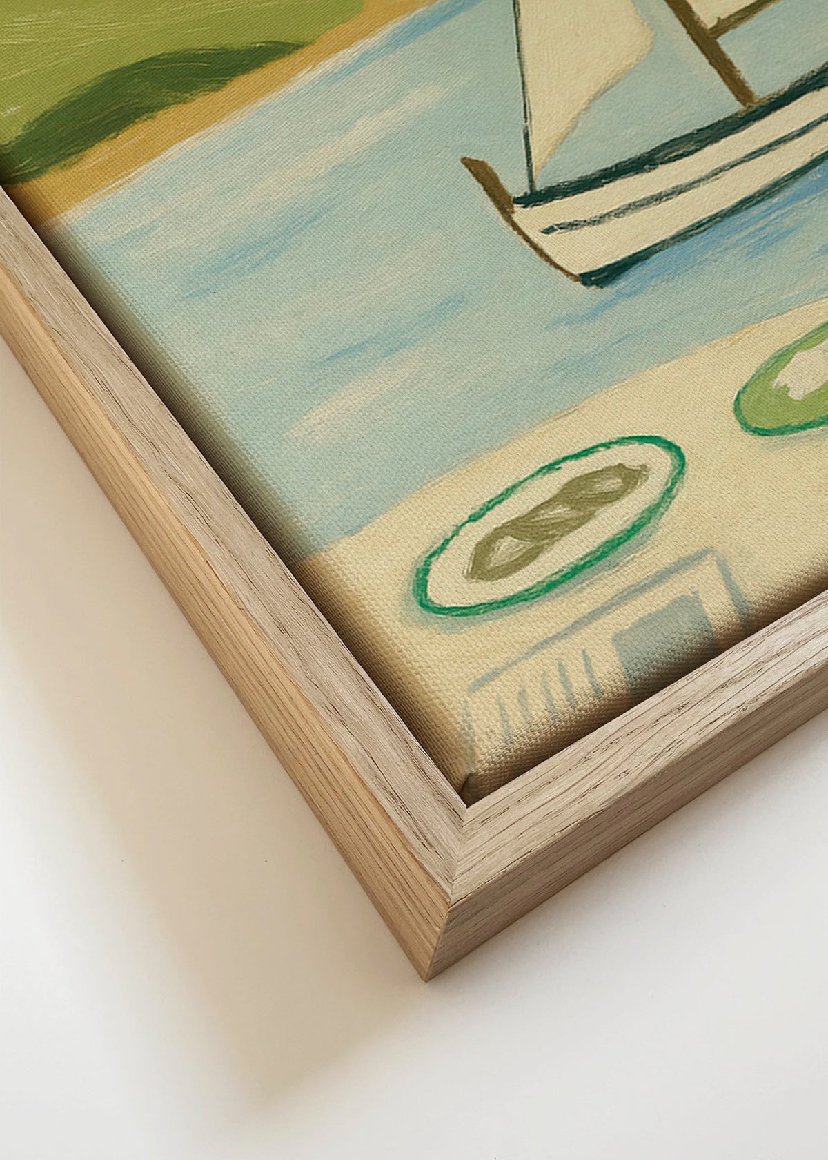 Landschapsschilderij met zeilboot op het meer – Canvas detail