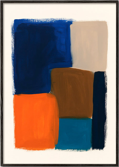 Abstract kunstwerk met marine en warme blokken – Black Frame