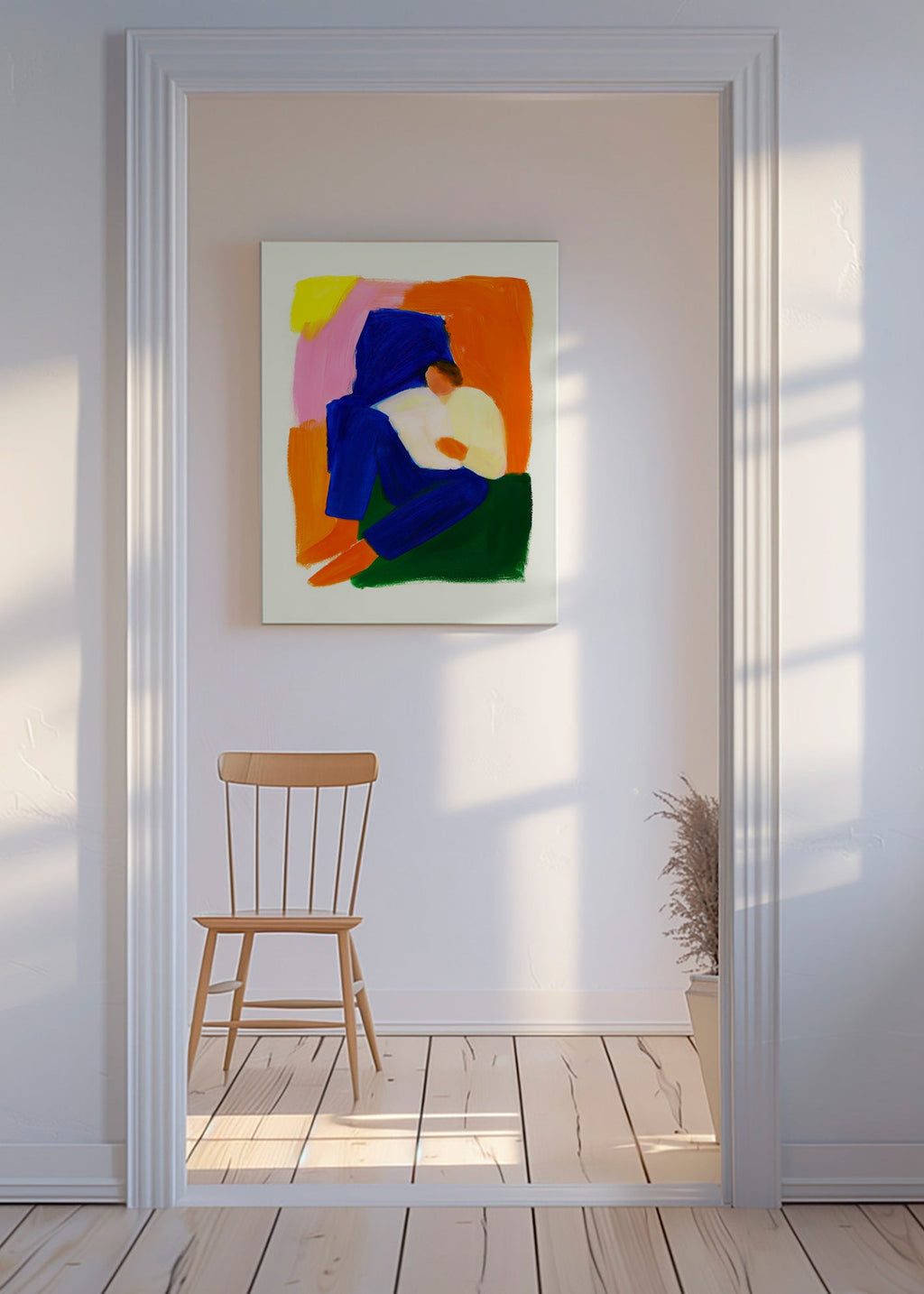 Illustratie van zittend figuur in levendige kleuren – Canvas