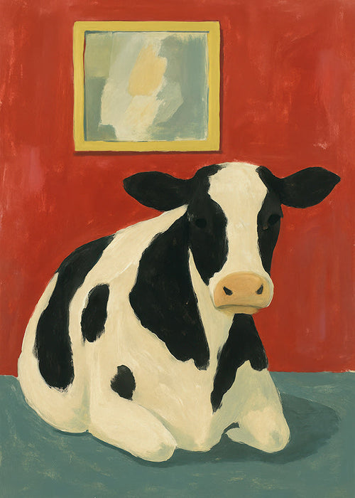 Artwork kalme koe tegen rode achtergrond