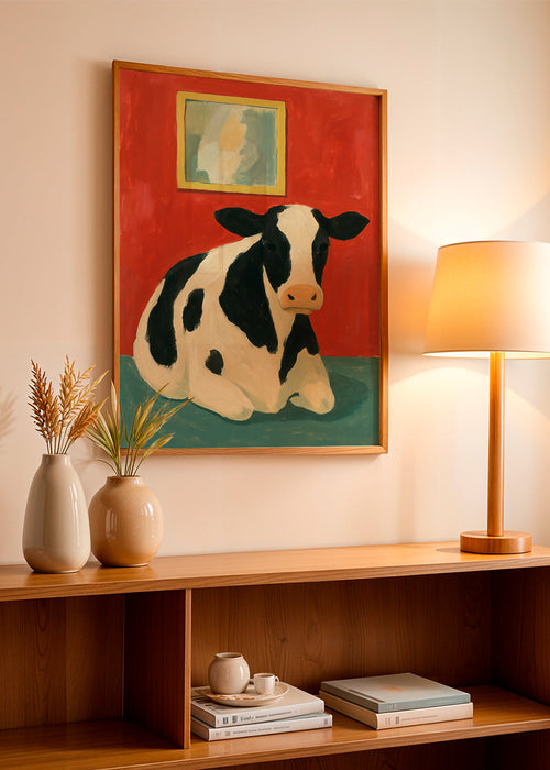 Artwork kalme koe tegen rode achtergrond – Product1