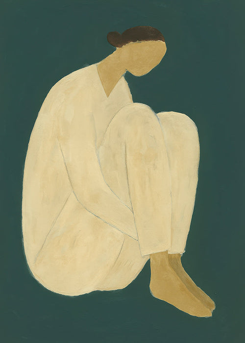 Minimalistisch kunstwerk met zittend figuur op groene achtergrond