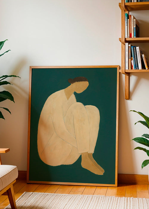 Minimalistisch kunstwerk met zittend figuur op groene achtergrond – Product1