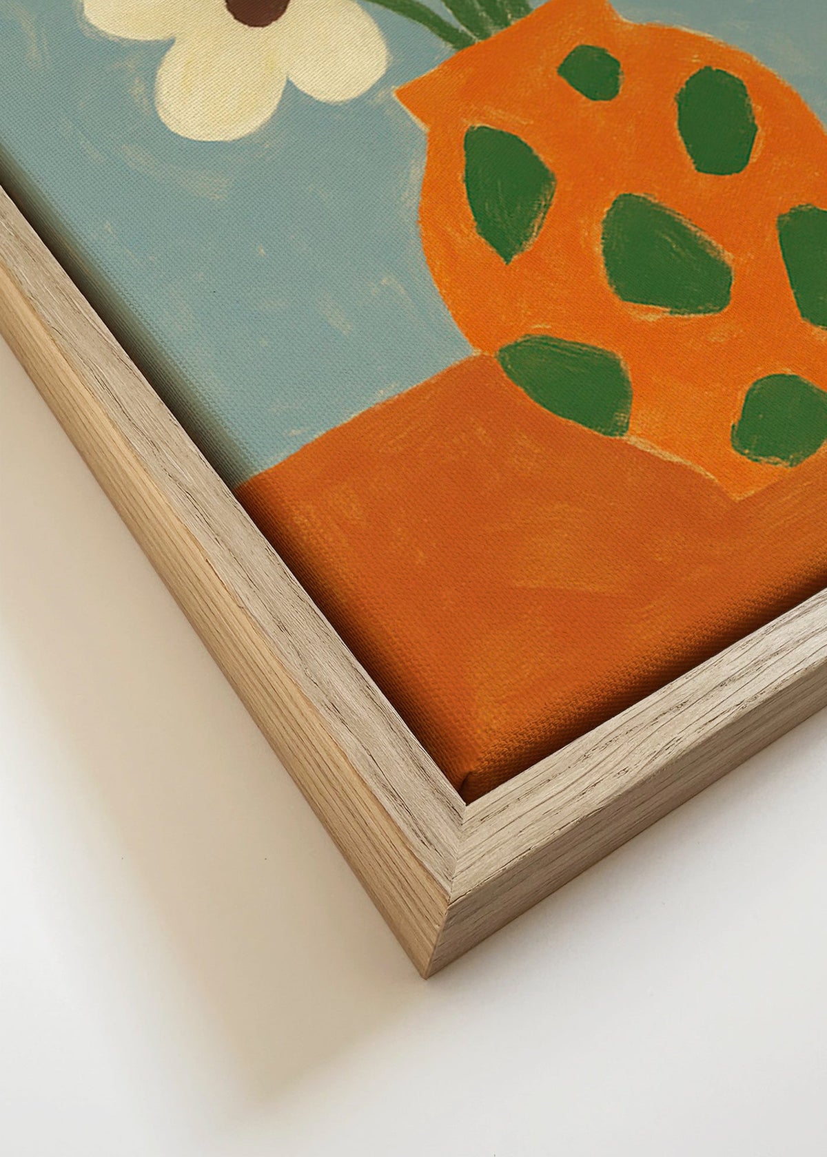 Botanische print: oranje vaas met bloemen – Canvas detail