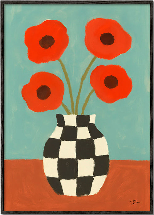 Lámina botánica con amapolas y jarrón ajedrez – Black Frame